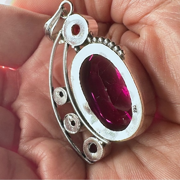 Artisan Silver tone Pendant with Vibrant Pink Crystal and Red Accents - Picture 5 of 7